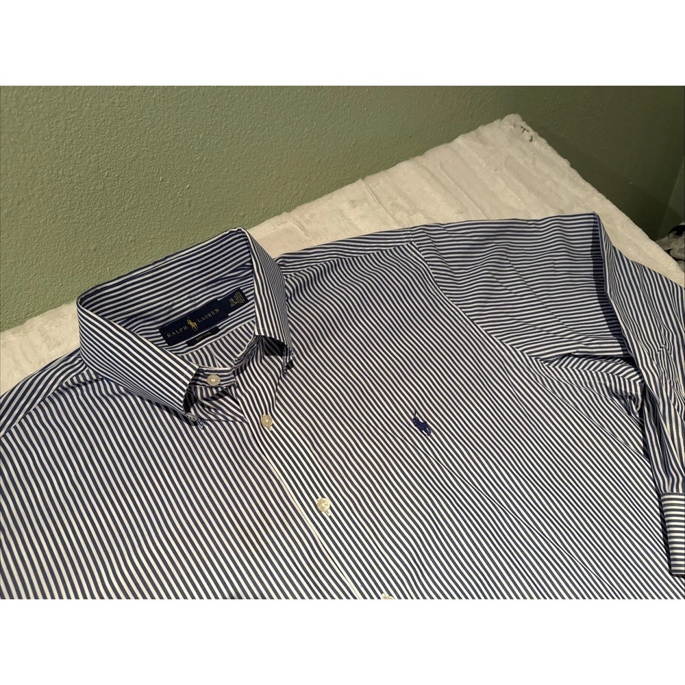 Ralph Lauren Mens 18 34/35 Button Down Shirt Blue White Stripes Dress Shirt XXL
